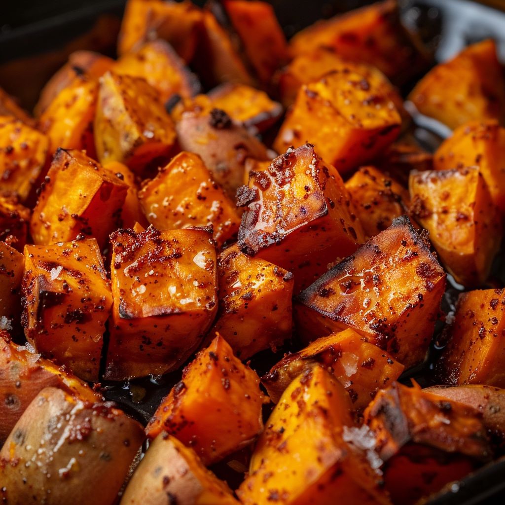 Close-up of roasted sweet potatoes with a golden-brown exterior and soft texture.