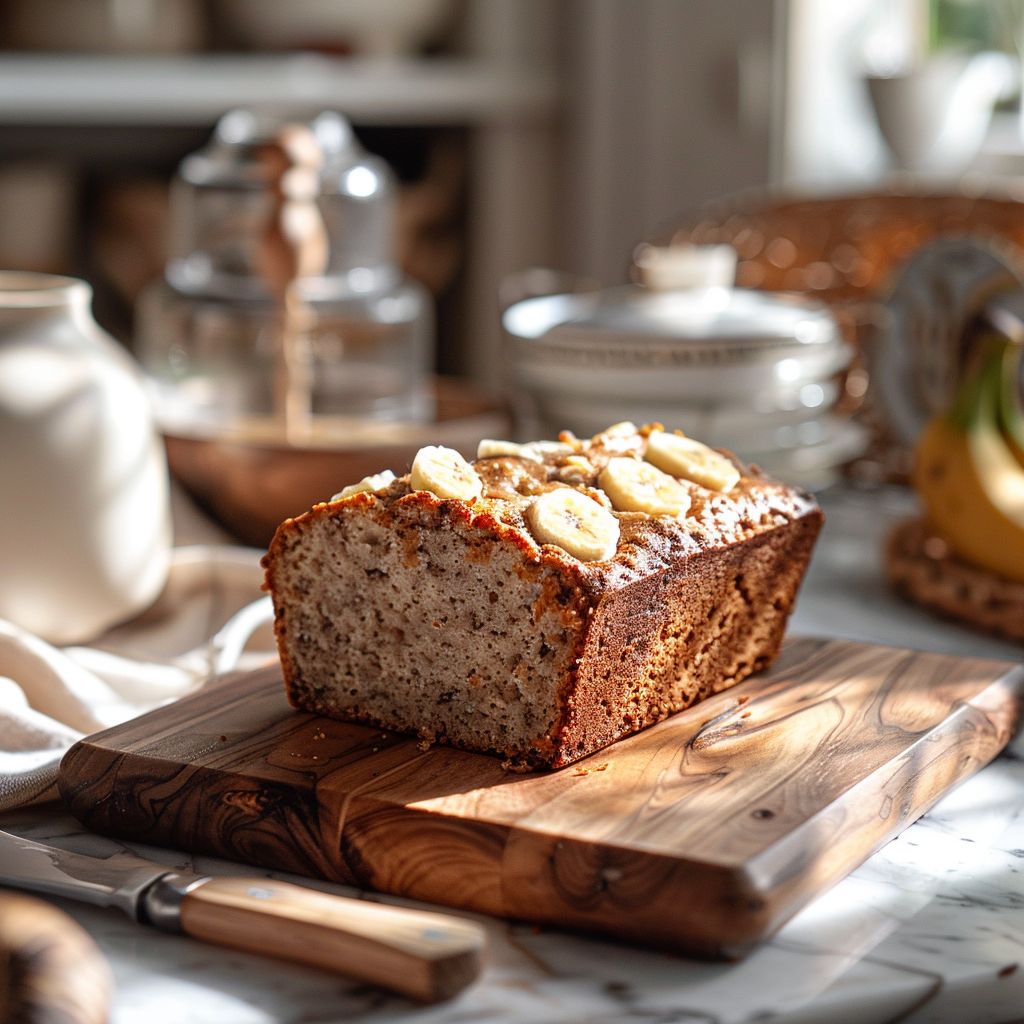 Close-up of a perfectly sliced banana bread made with cake mix on a wooden board.