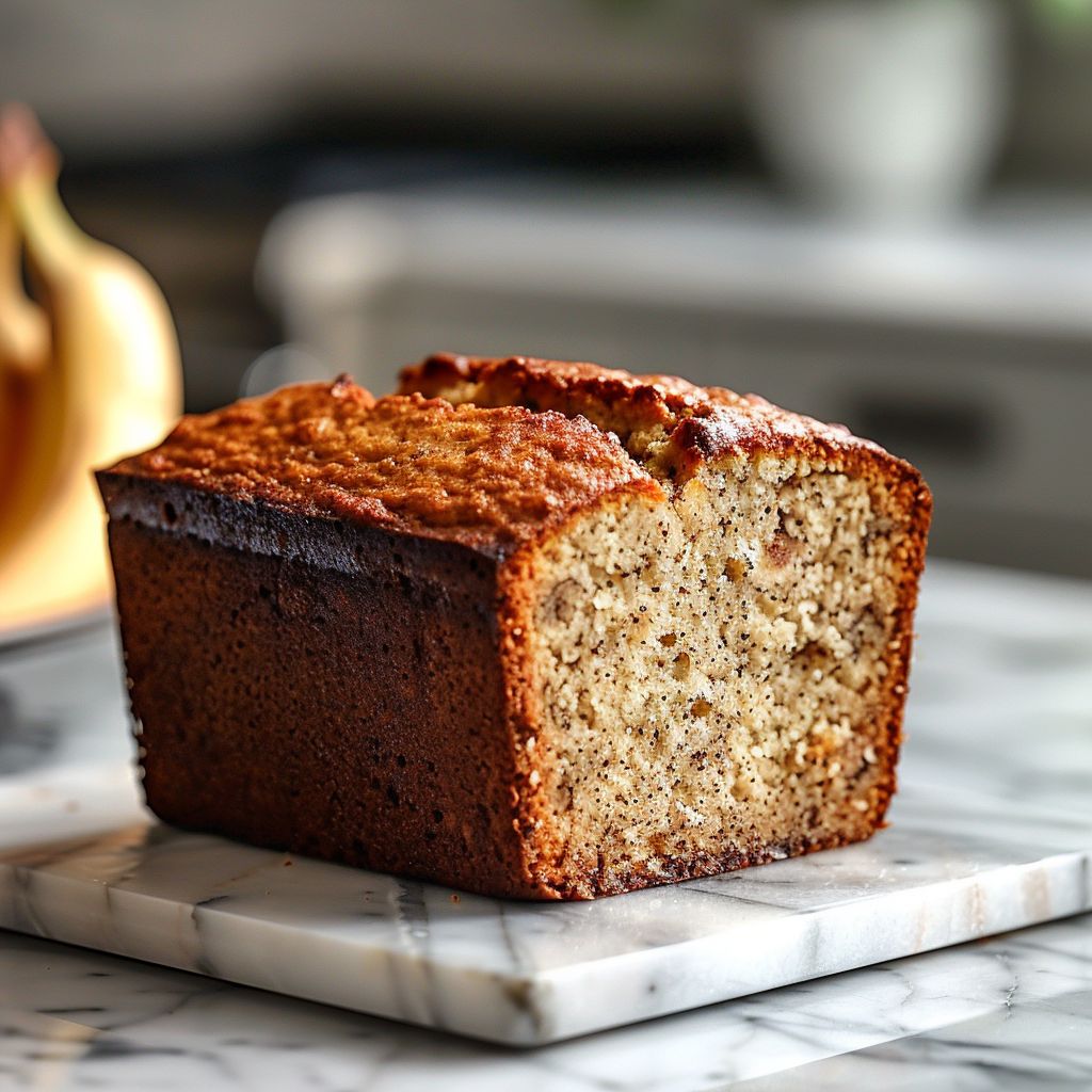 Close-up of a slice of banana bread made from cake mix, elegantly displayed on a marble countertop.