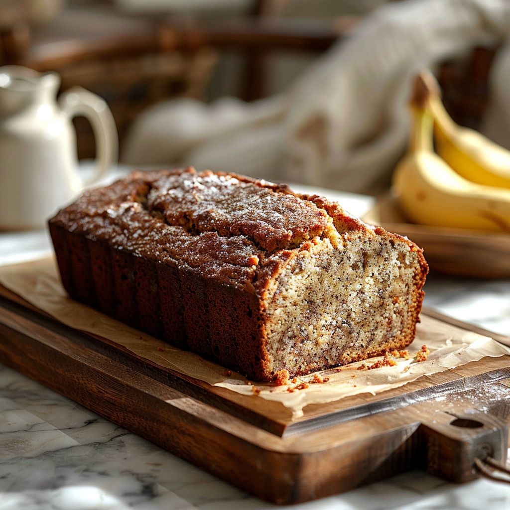 A close-up shot of a slice of banana bread on a wooden board, illuminated by natural light.