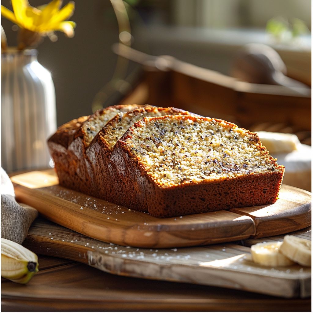 A close-up slice of banana bread made from cake mix on a wooden board, illuminated by soft natural light.
