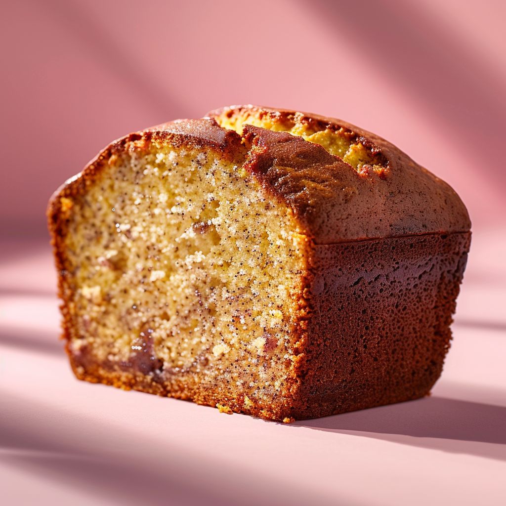 A close-up slice of banana bread made from cake mix on a wooden board, illuminated by natural light.