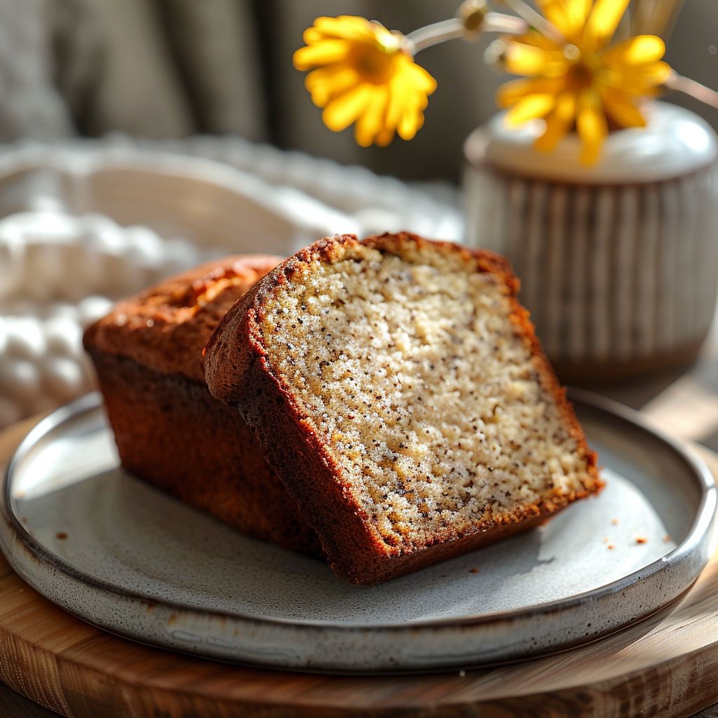 A close-up of gluten-free banana bread on a light grey ceramic plate.