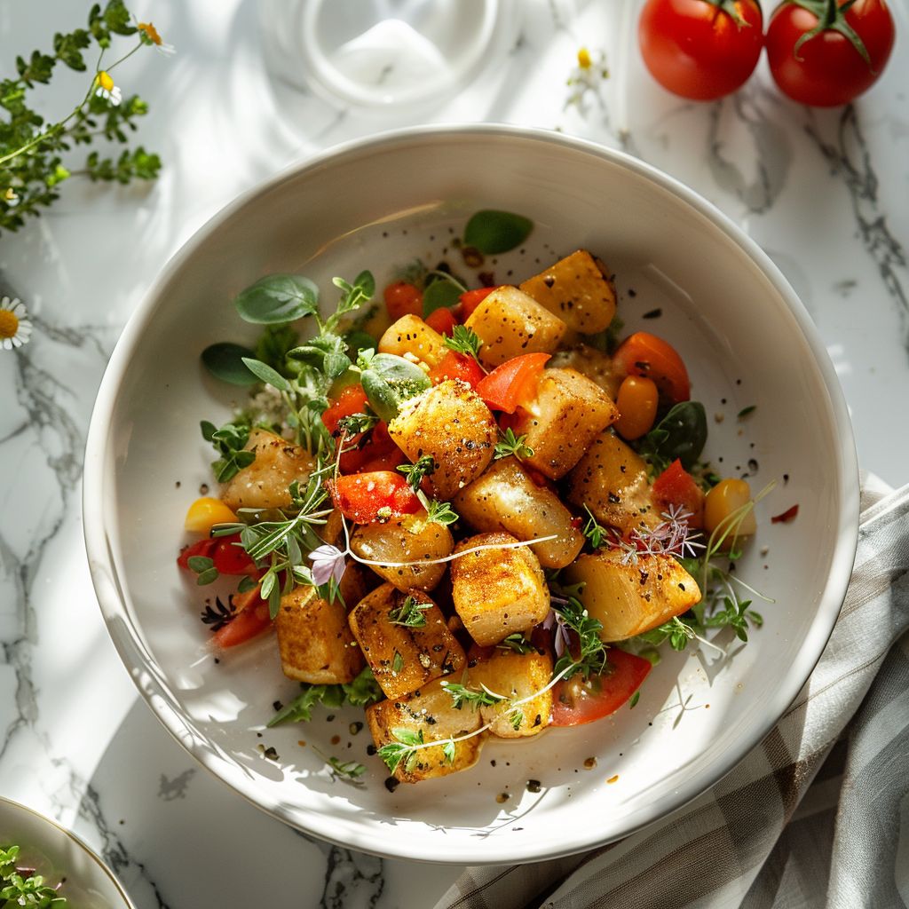 Elegant flatlay of a healthy meal representing a weight loss journey, styled on a white marble countertop.