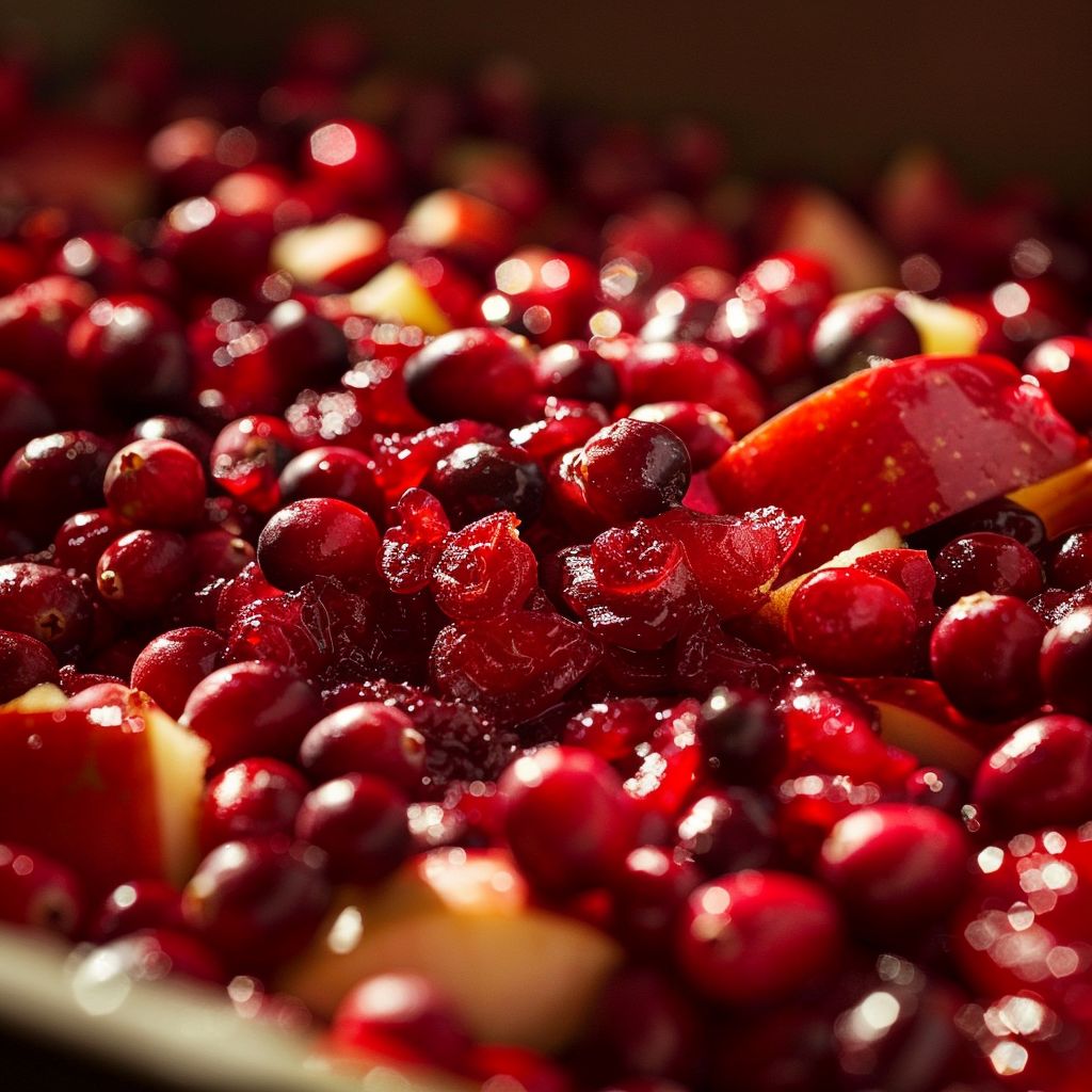 Close-up shot of a vibrant cranberry apple mix with fresh cranberries and diced apples.