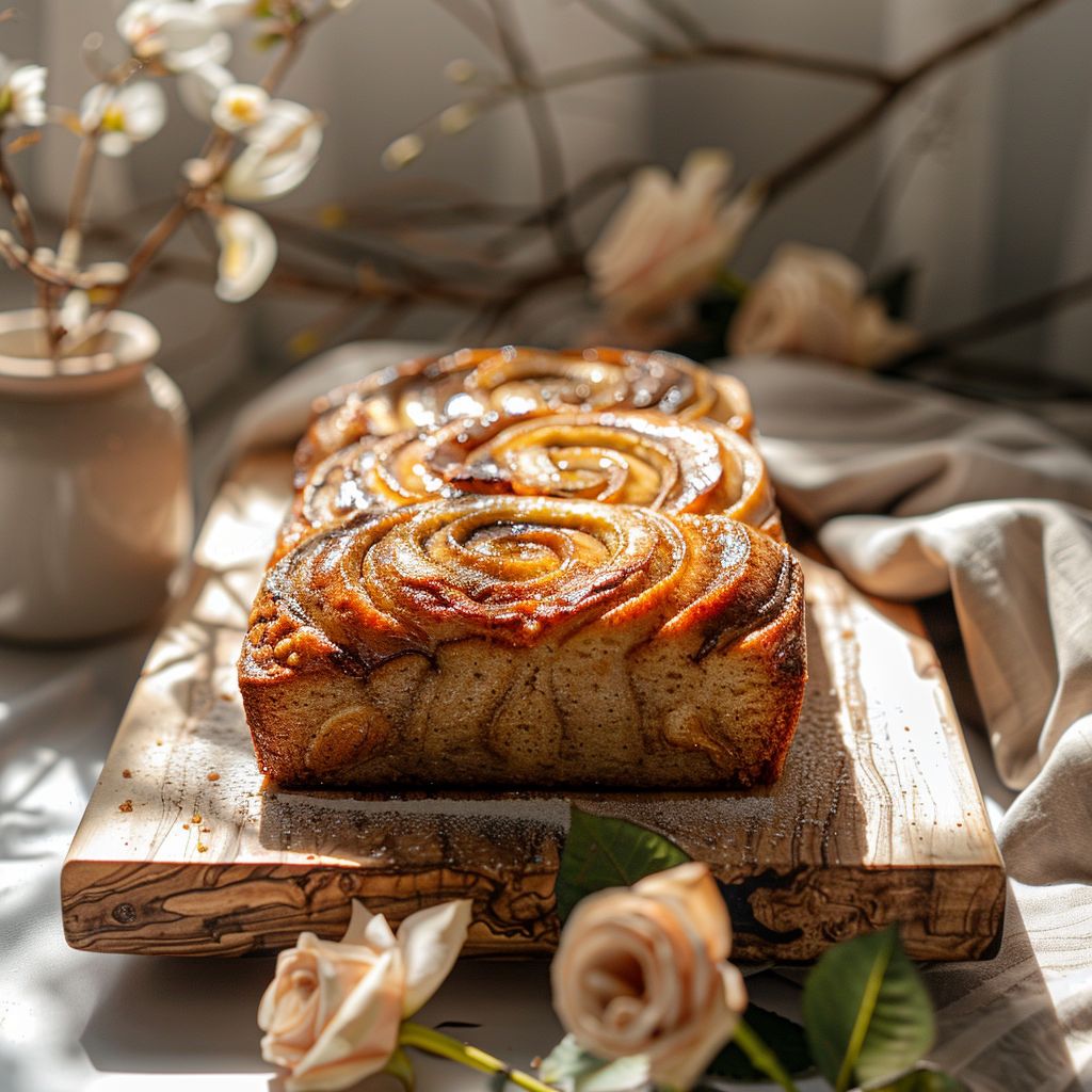 A top-down view of cinnamon swirl banana bread on a light wooden board, surrounded by soft natural light.