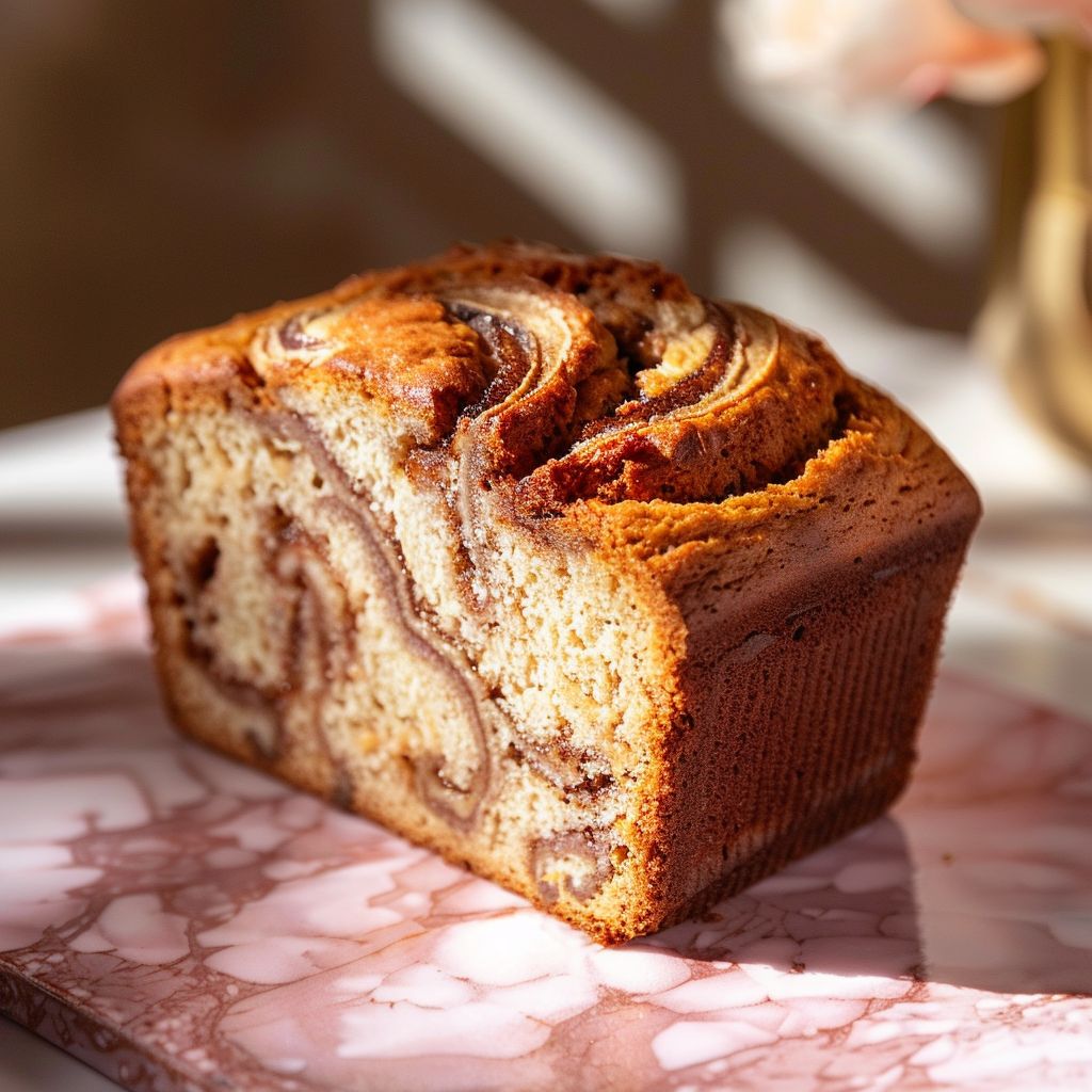 A slice of moist banana bread with a cinnamon swirl on a pale pink surface.