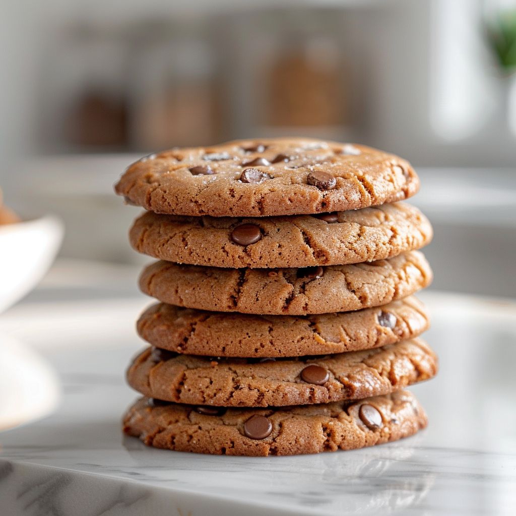 A stack of banana bread cookies on a white marble countertop, illuminated by natural light.