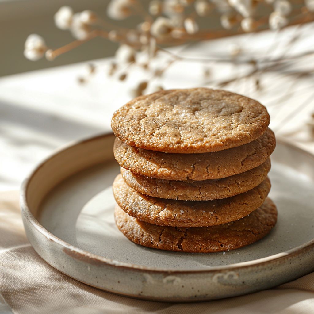 A top-down view of a stack of banana bread cookies on a light grey ceramic plate.