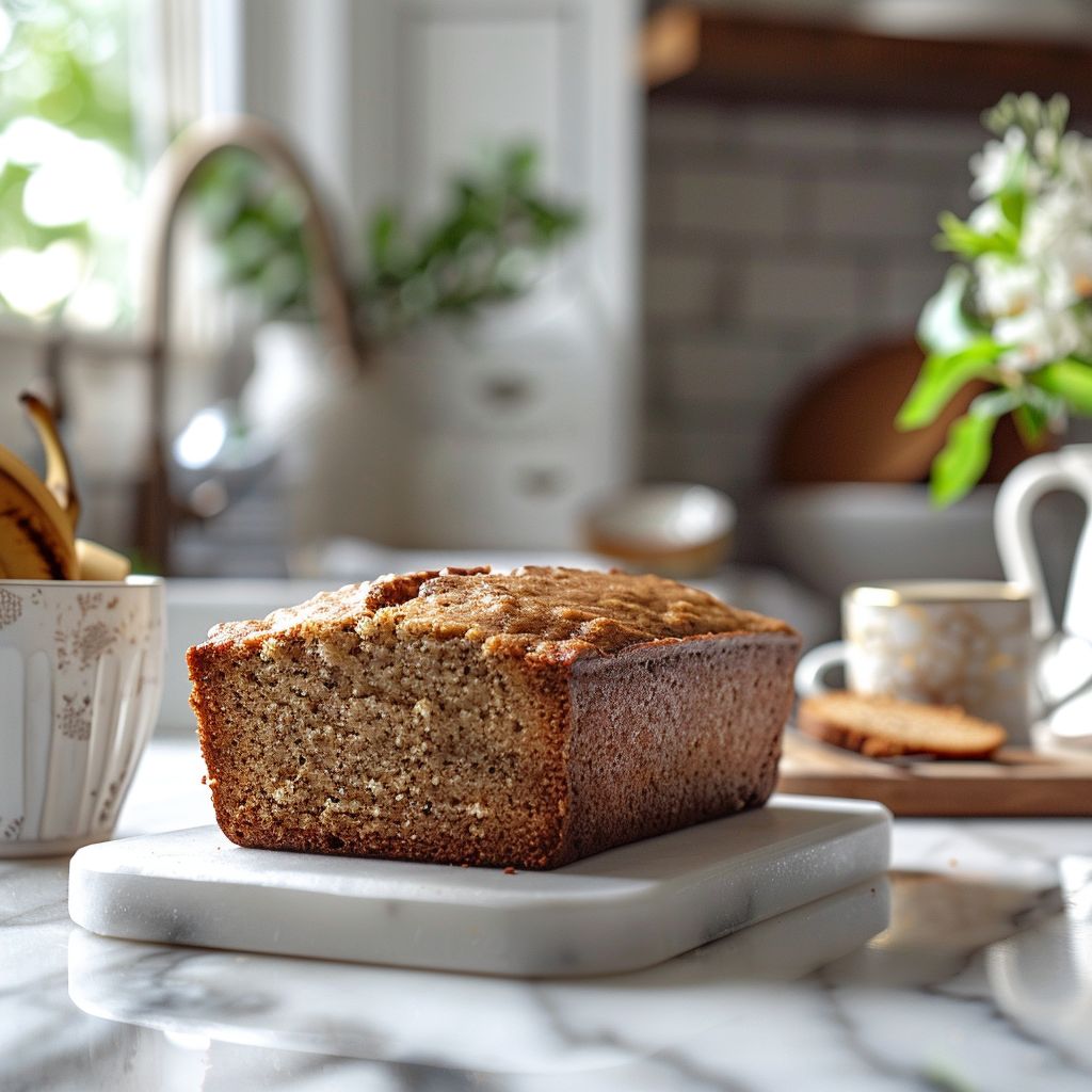 A slice of gluten free banana bread on a white marble countertop.