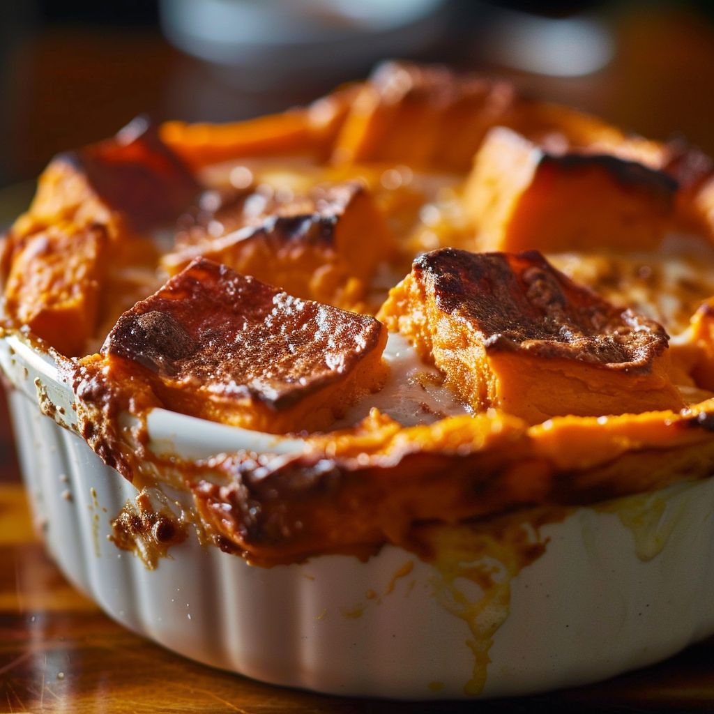 Close-up of a light and fluffy Sweet Potato Soufflé with a golden-brown top, illuminated by soft, natural light.