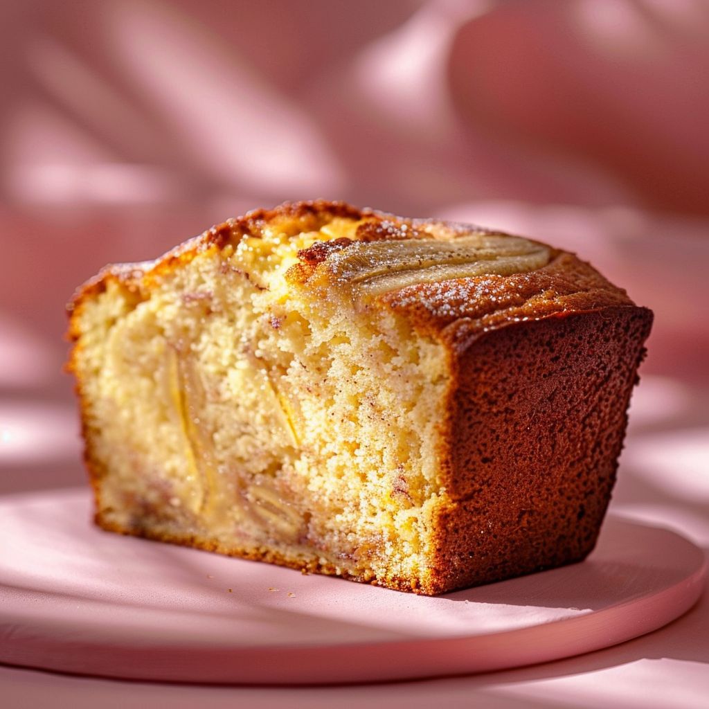 A close-up slice of yellow cake mix banana bread on a pale pink surface.