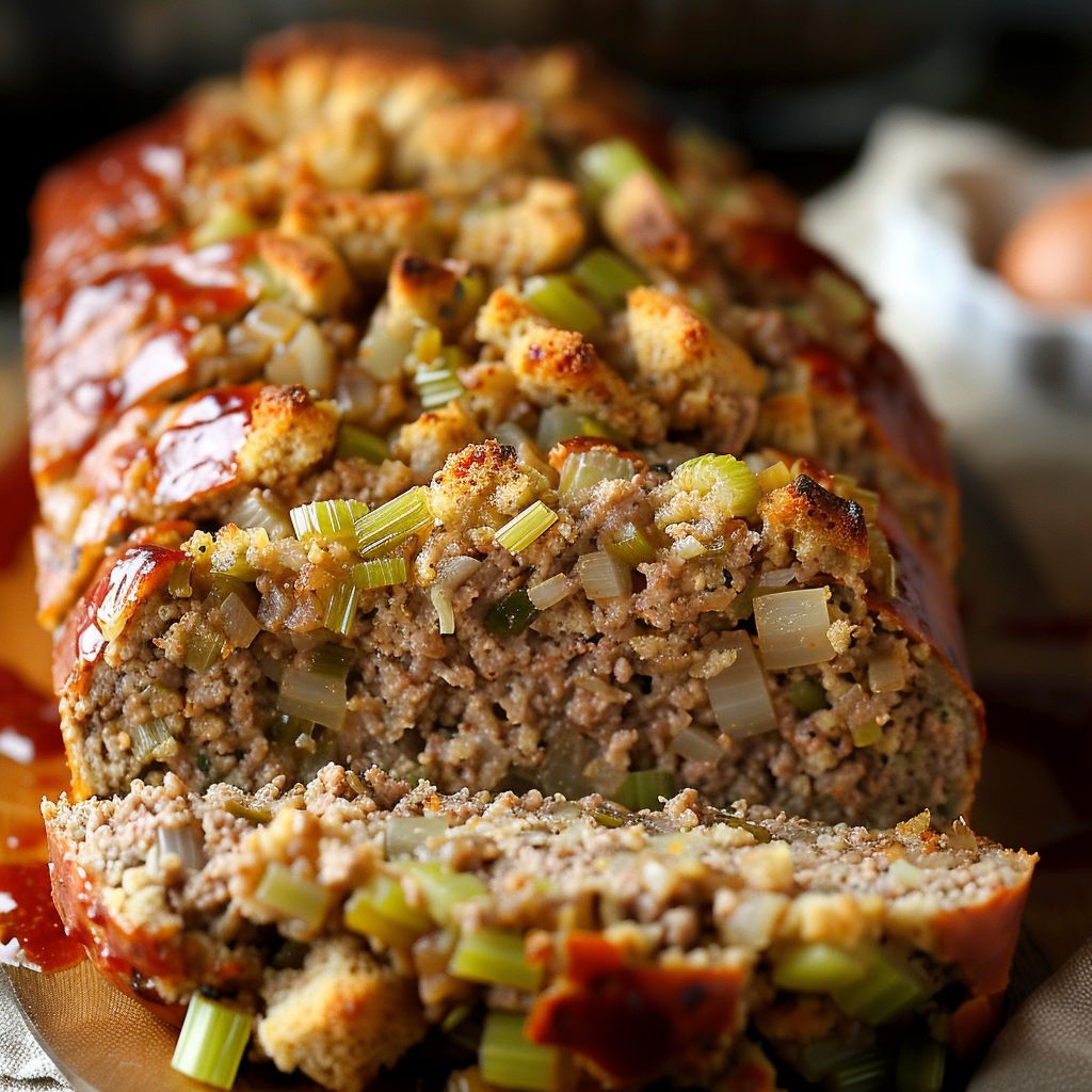 A close-up shot of a Turkey Stuffing Meatloaf, showcasing its tender texture and glistening glaze.