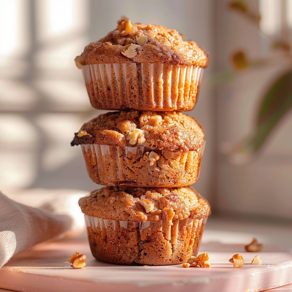 A close-up view of cinnamon banana bread muffins arranged on a pale pink surface, with bright natural light illuminating the scene.