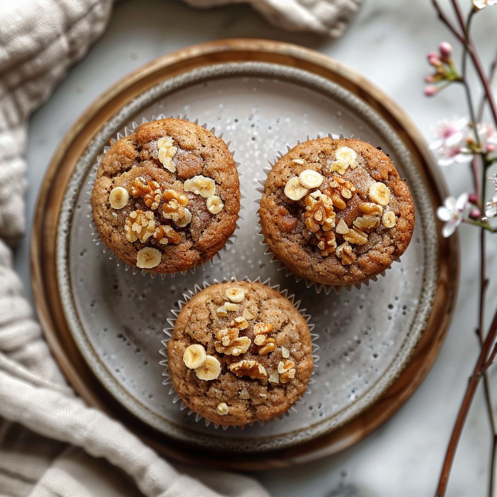 Top-down view of cinnamon banana bread muffins on a light grey plate, with natural light highlighting their texture.