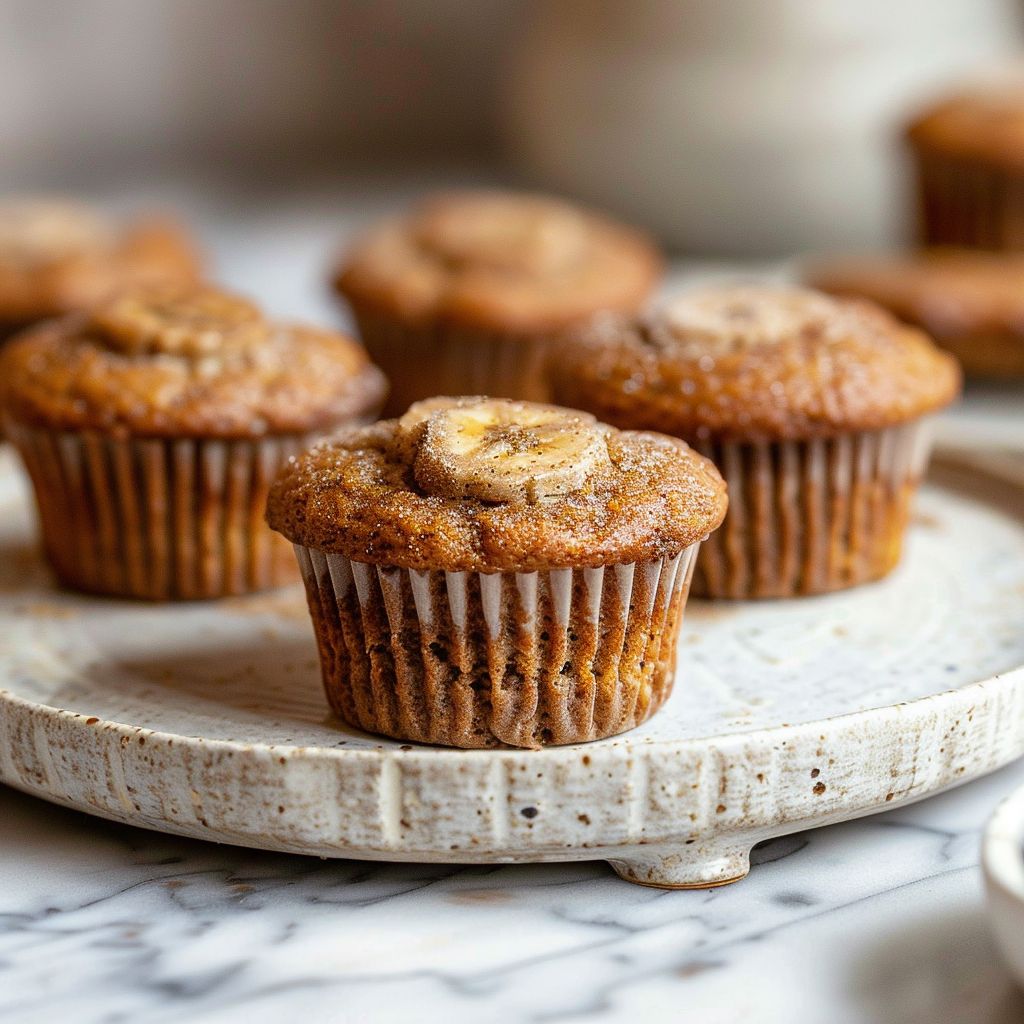 Close-up shot of cinnamon banana bread muffins on a light grey plate.