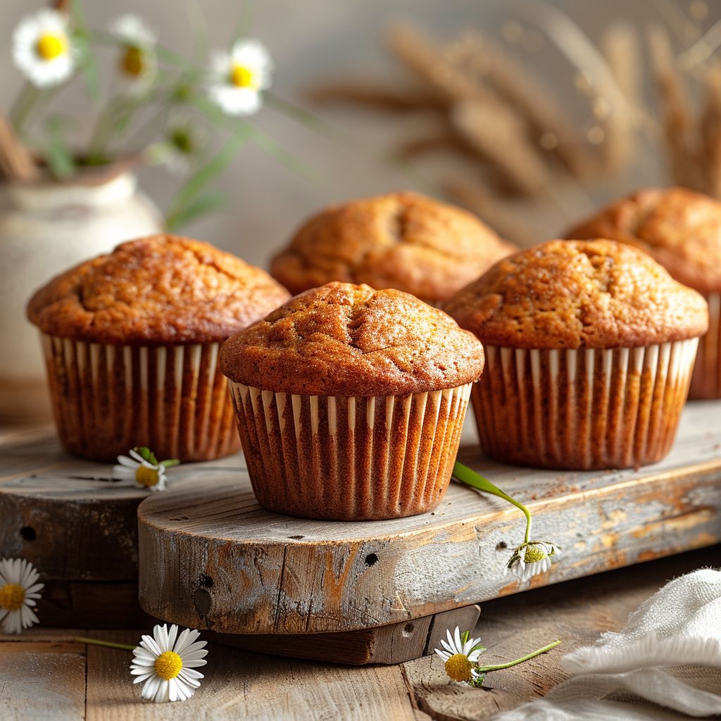 A close-up view of cinnamon banana bread muffins on a wooden board, illuminated by natural light.