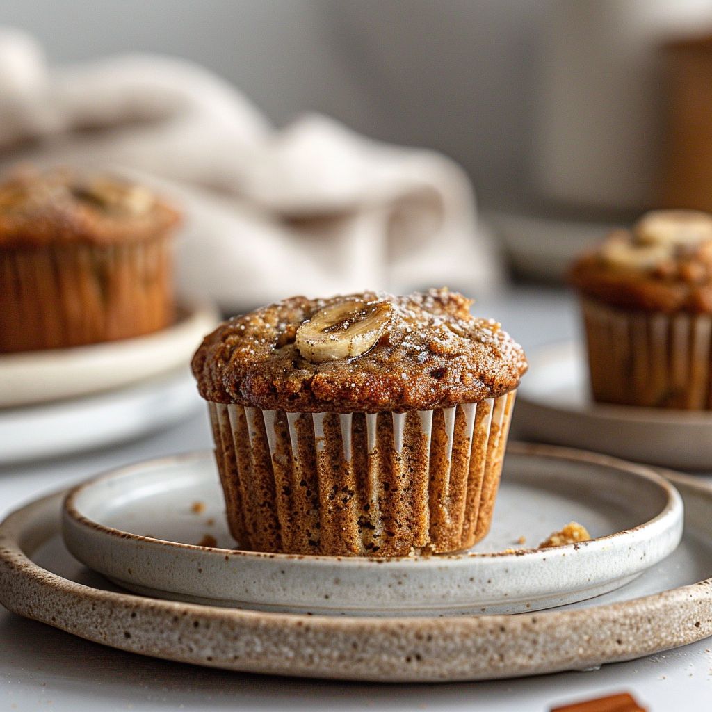 Close-up of cinnamon banana bread muffins on a light grey plate.