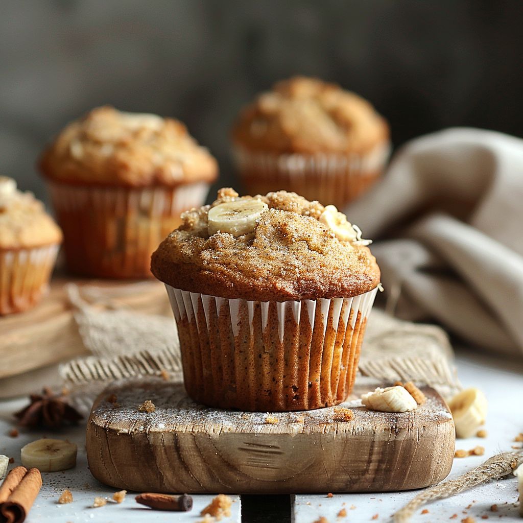 A plate of cinnamon banana bread muffins on a light wooden board with soft natural lighting.