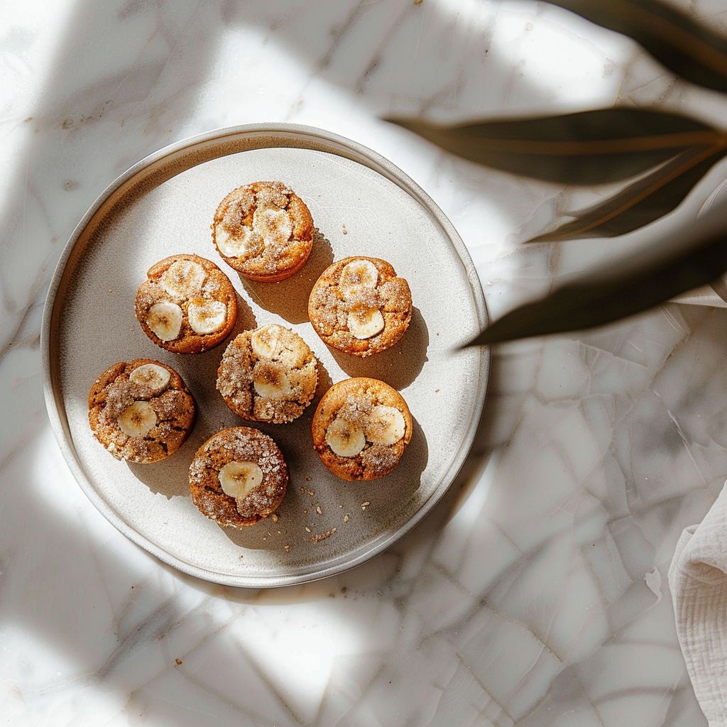 A top-down view of cinnamon banana bread muffins on a light grey plate, well-lit with natural light.