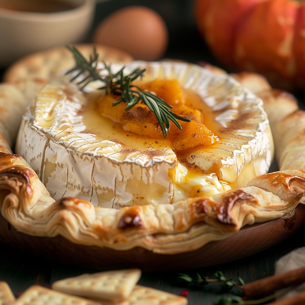 A close-up of a golden-brown baked Pumpkin Brie topped with fresh rosemary on a rustic wooden board.