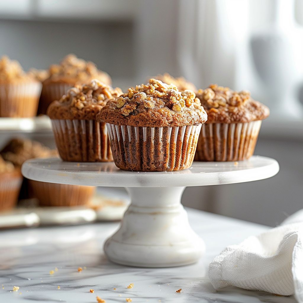 A close-up view of cinnamon banana bread muffins on a white marble countertop, with natural light illuminating the scene.