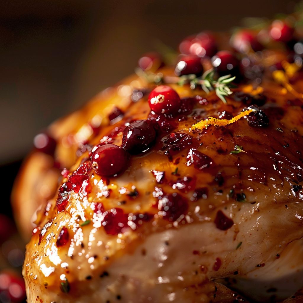 Close-up of a glazed turkey breast topped with cranberries and orange slices.