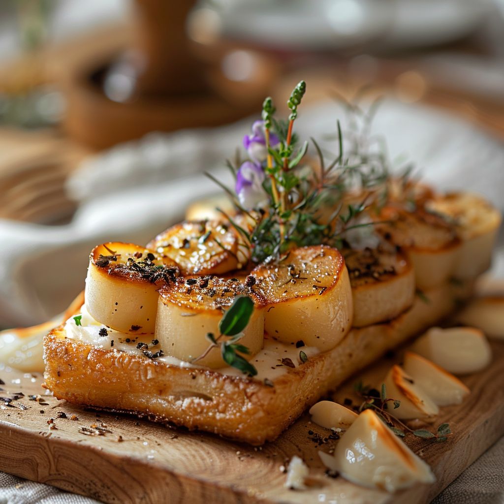 Close-up of elegantly styled food on a light wooden board, illuminated with bright natural light.