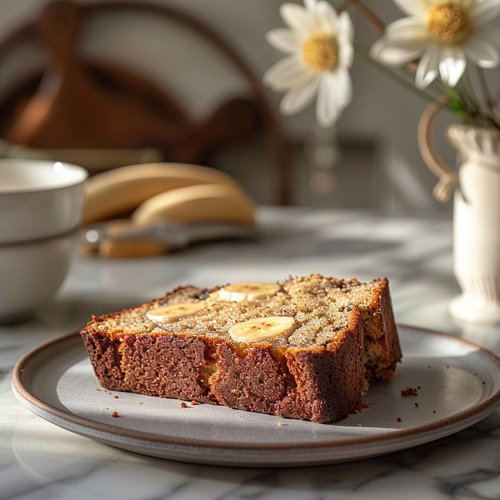 A slice of banana bread made with cake mix pudding on a light grey plate.