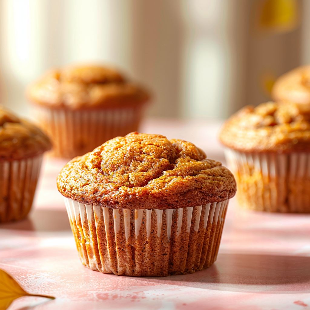 A close-up of pumpkin banana muffins on a pale pink surface, showcasing their texture and color.