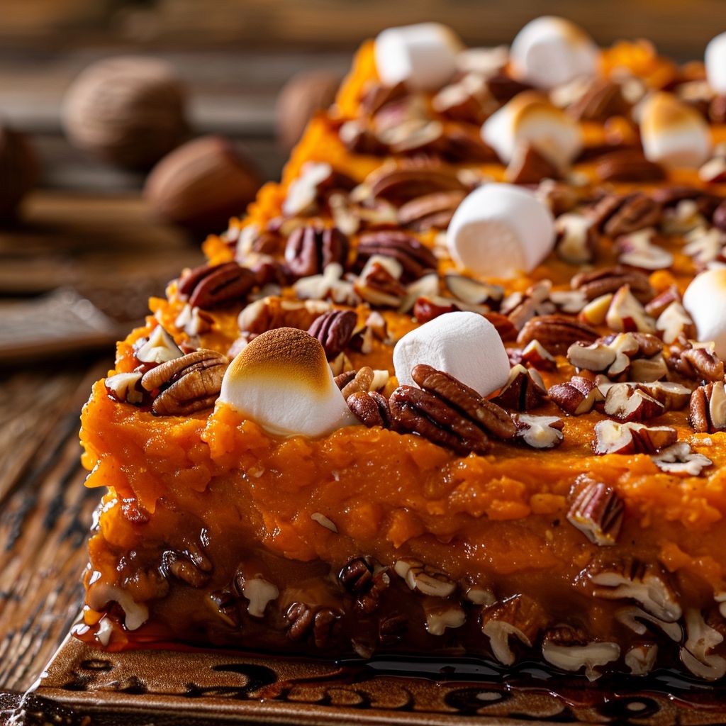 Close-up of Southern Maple Sweet Potato Casserole with a golden-brown topping and marshmallows.