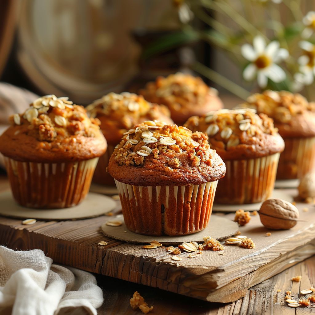 A close-up view of pumpkin banana muffins styled on a light wooden board.