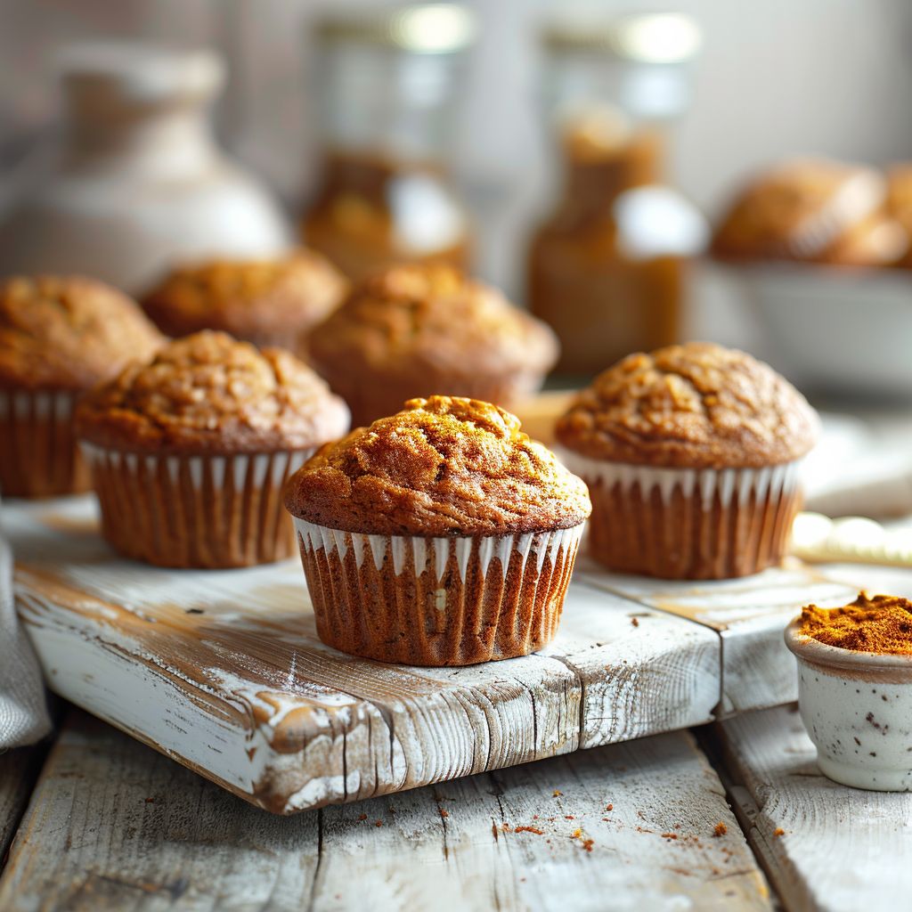 A close-up view of pumpkin banana muffins arranged on a light wood board.