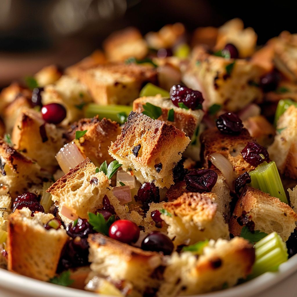 Close-up of a delicious bowl of Classic Cranberry Stuffing with visible ingredients like bread, cranberries, and herbs.