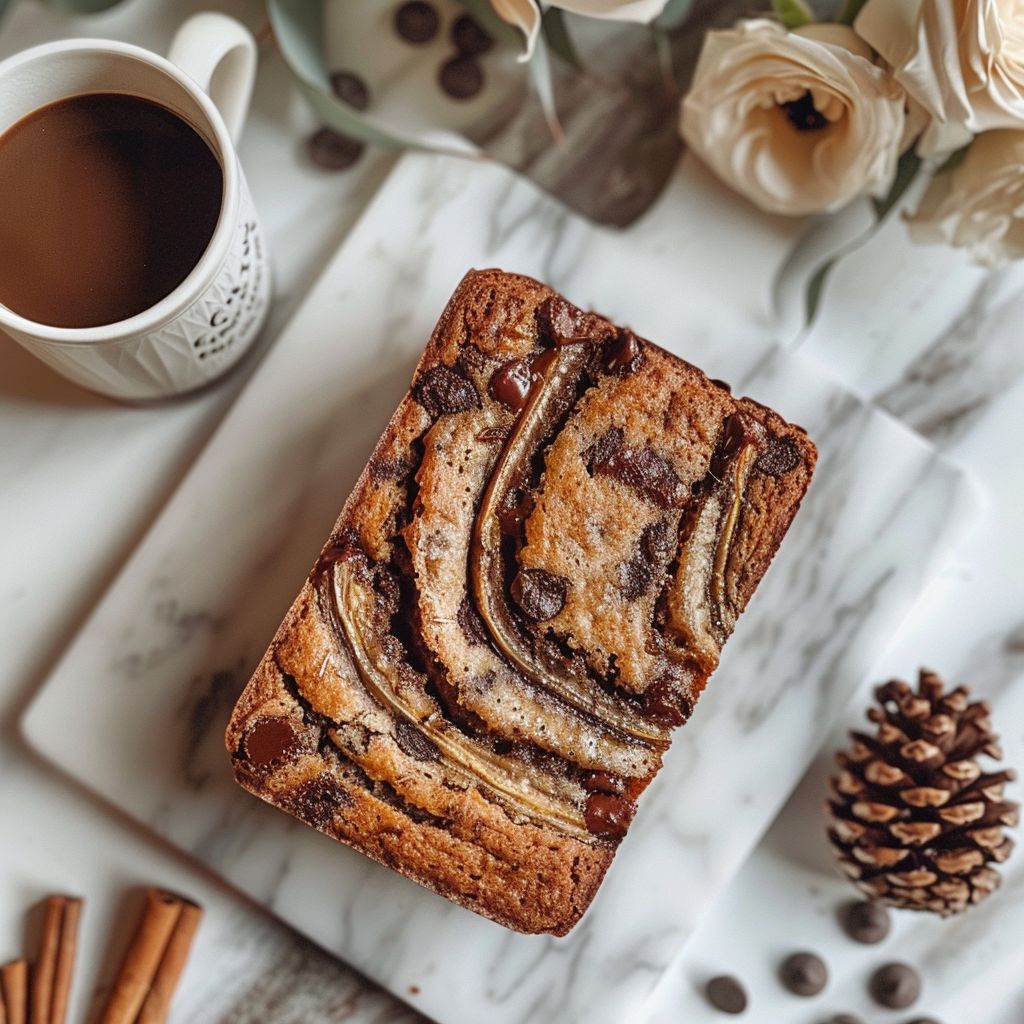 Top-down view of chocolate chip cinnamon swirl banana bread on a marble countertop.