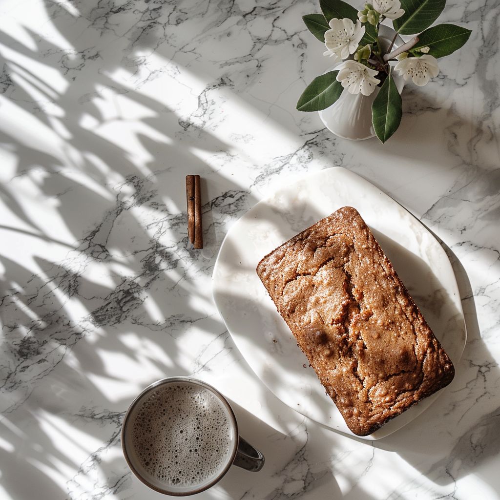 Top-down view of a portion of cinnamon nutmeg banana bread on a white marble countertop.