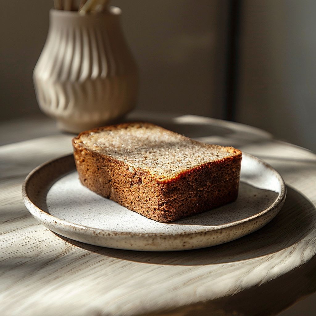 A slice of cinnamon nutmeg banana bread on a light grey ceramic plate.