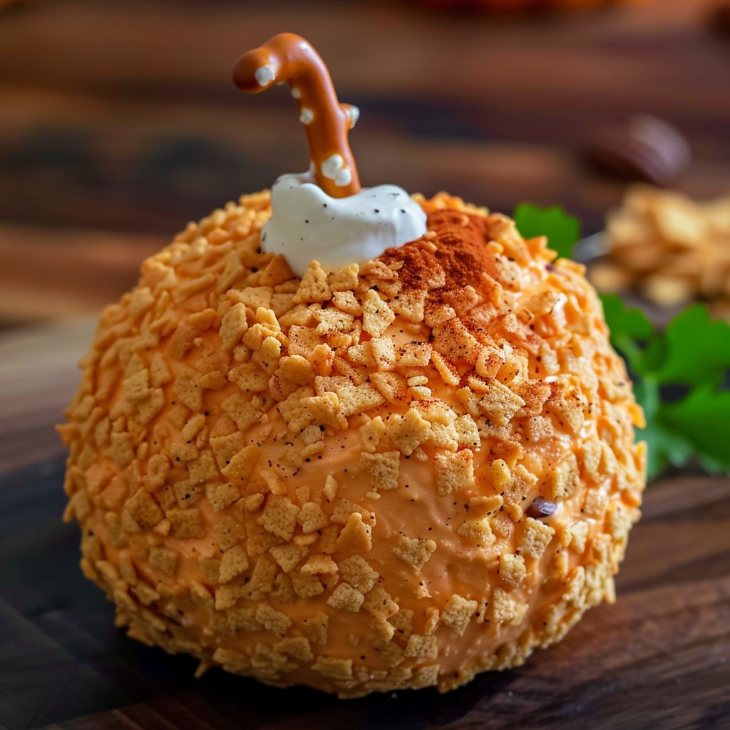 Close-up of a pumpkin-shaped cheese ball with a pretzel rod stem, garnished with parsley.