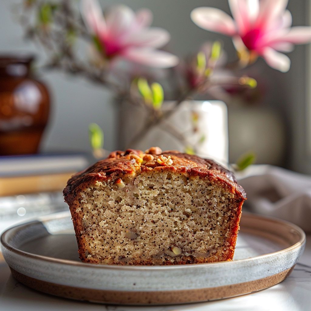 Close-up of a slice of banana nut bread on a light grey ceramic plate, showcasing its moist texture.