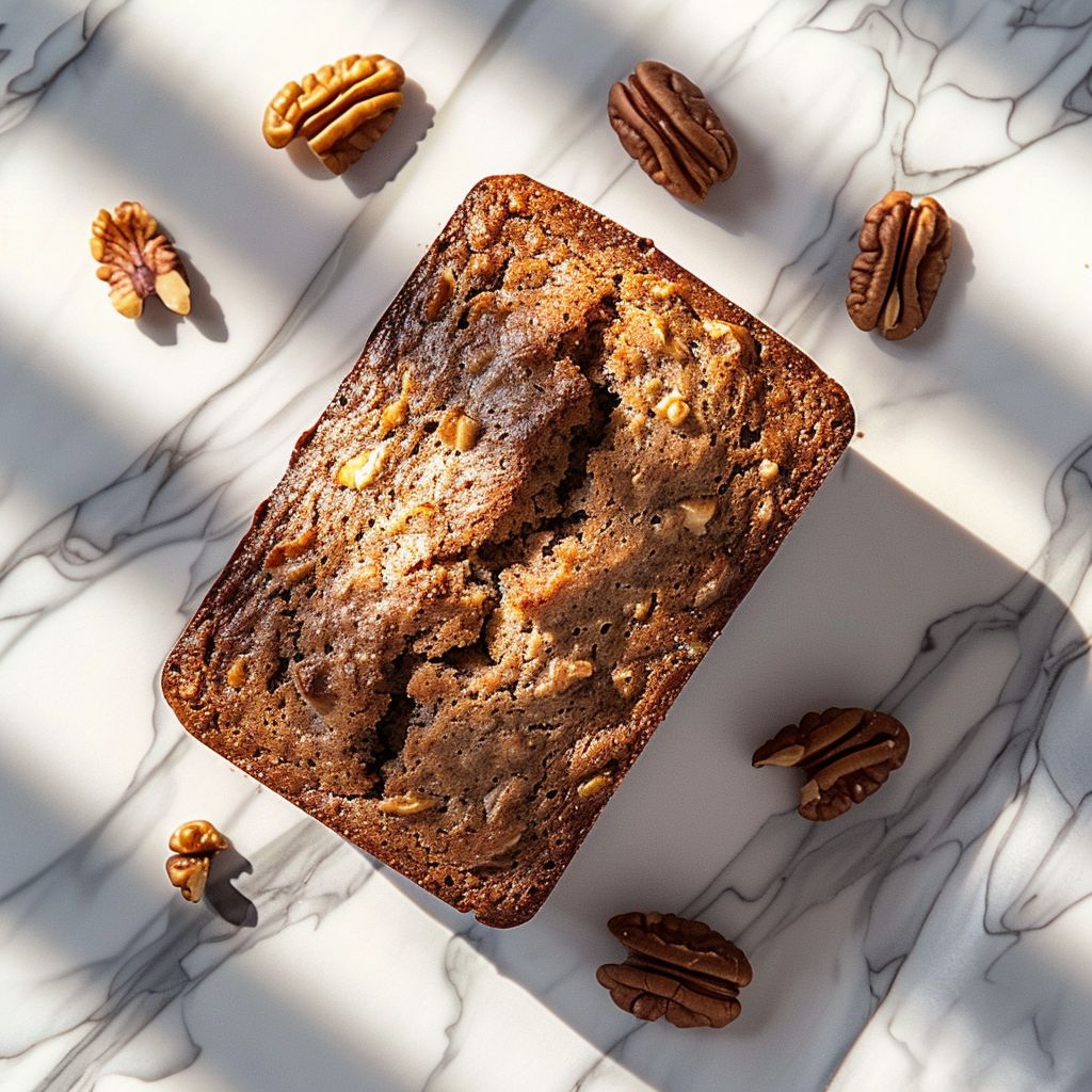 Top-down view of a slice of banana nut bread on a white marble countertop.
