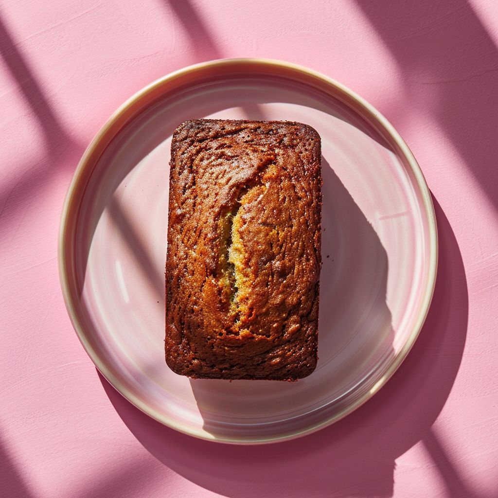 Top-down view of a slice of classic banana bread on a pale pink background.