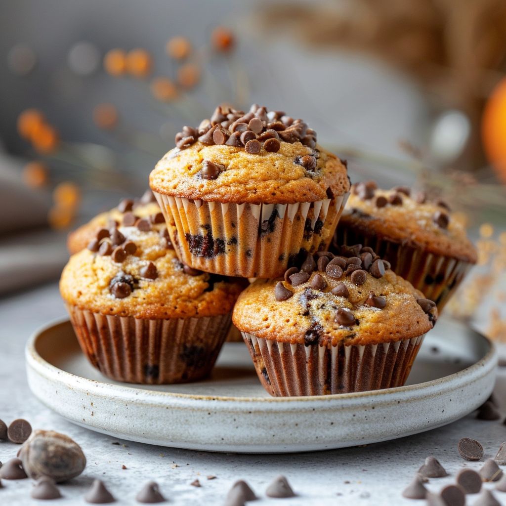 A plate of pumpkin banana chocolate chip muffins arranged on a light grey ceramic dish, illuminated by soft natural light.