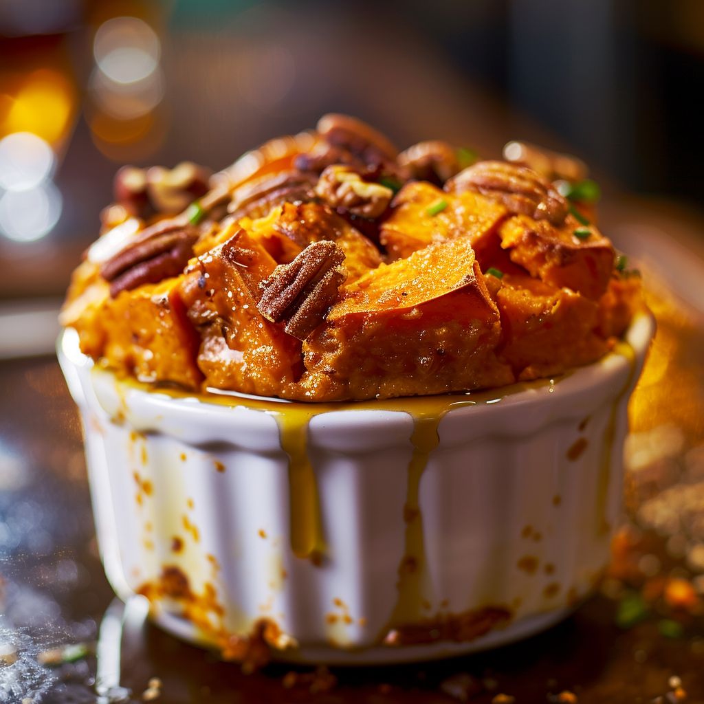 Close-up of a beautifully textured Sweet Potato Soufflé in warm natural light.