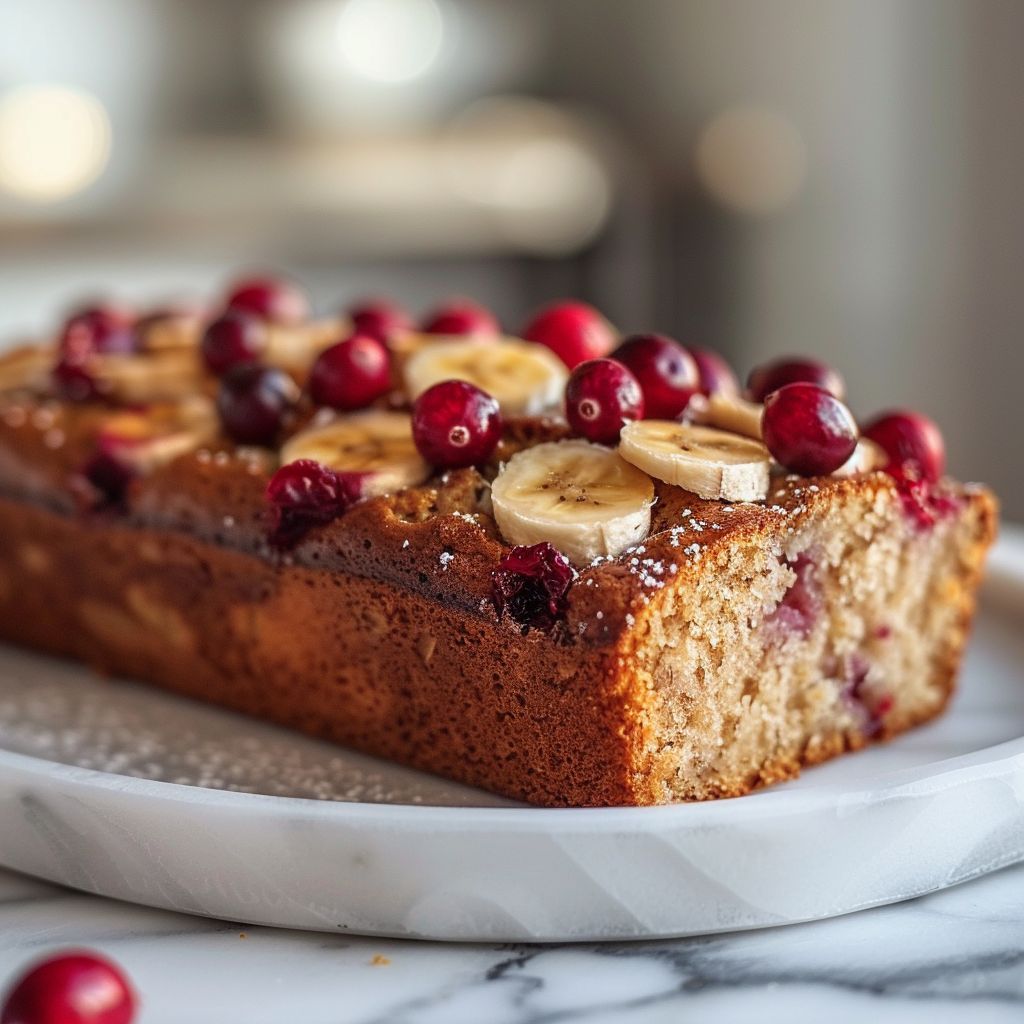Close-up of a slice of orange cranberry banana bread on a marble countertop.
