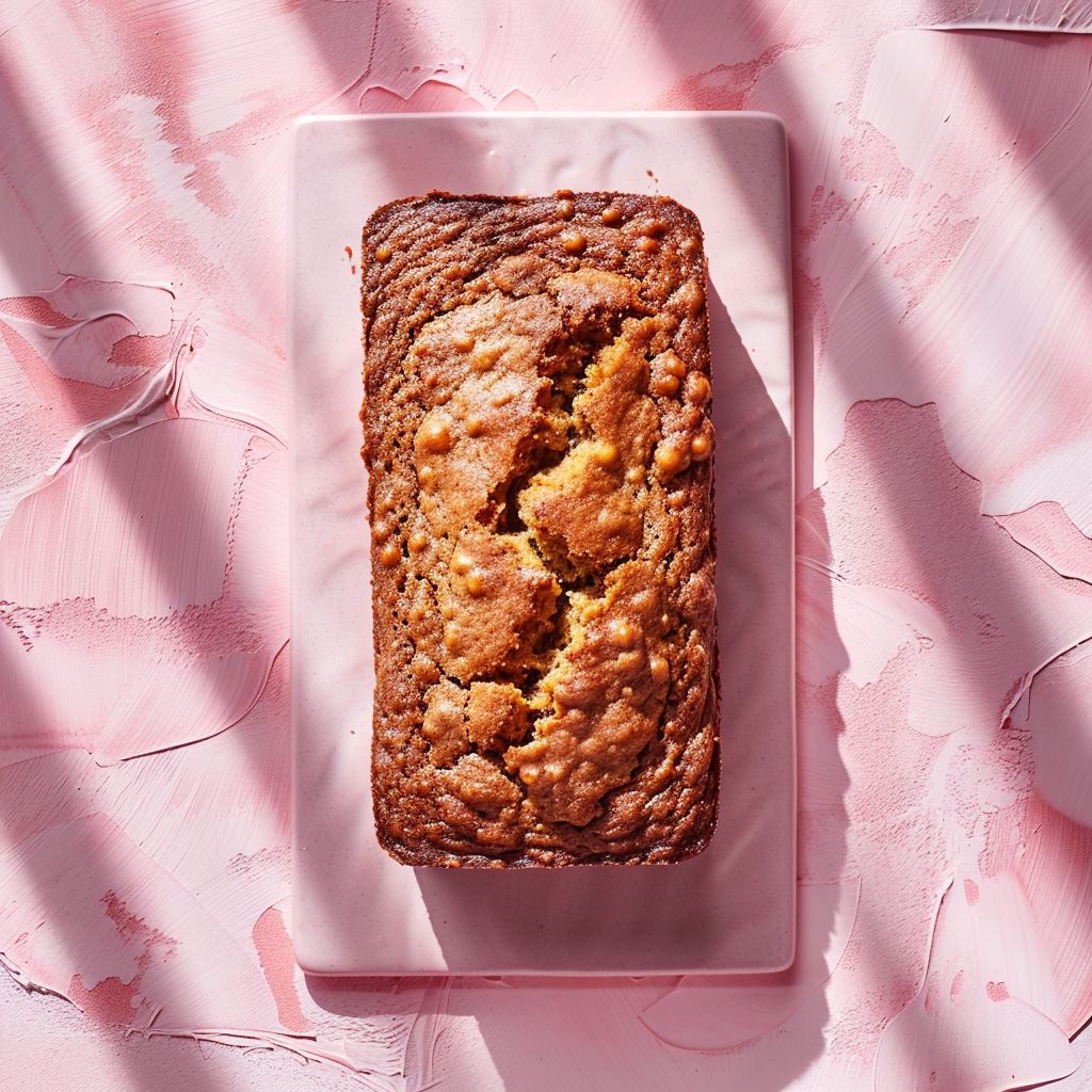 A top-down view of a slice of vegan pumpkin banana bread on a pale pink surface, surrounded by ingredients.