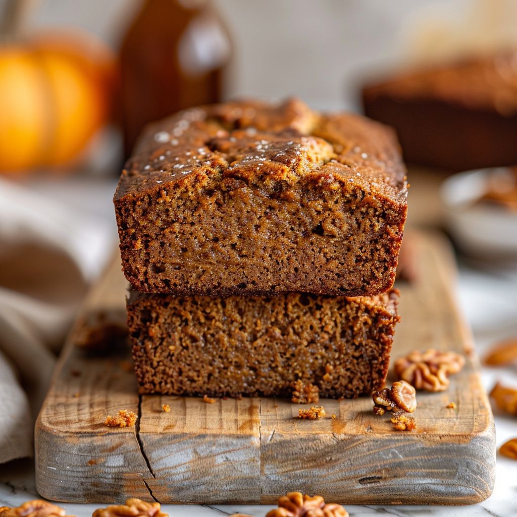 Close-up of vegan pumpkin banana bread slice on a wooden board.