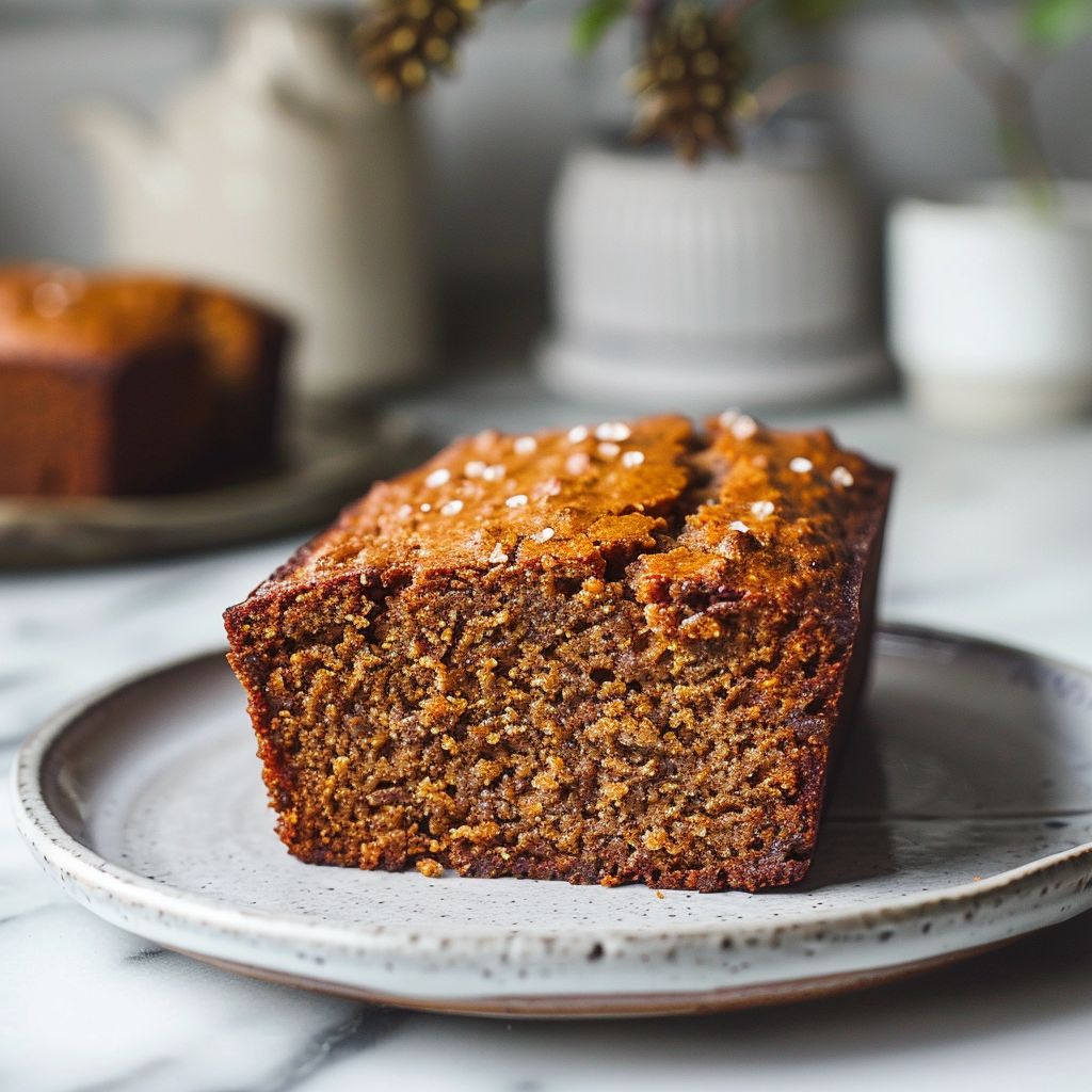 A close-up view of a slice of vegan pumpkin banana bread on a light grey ceramic plate.