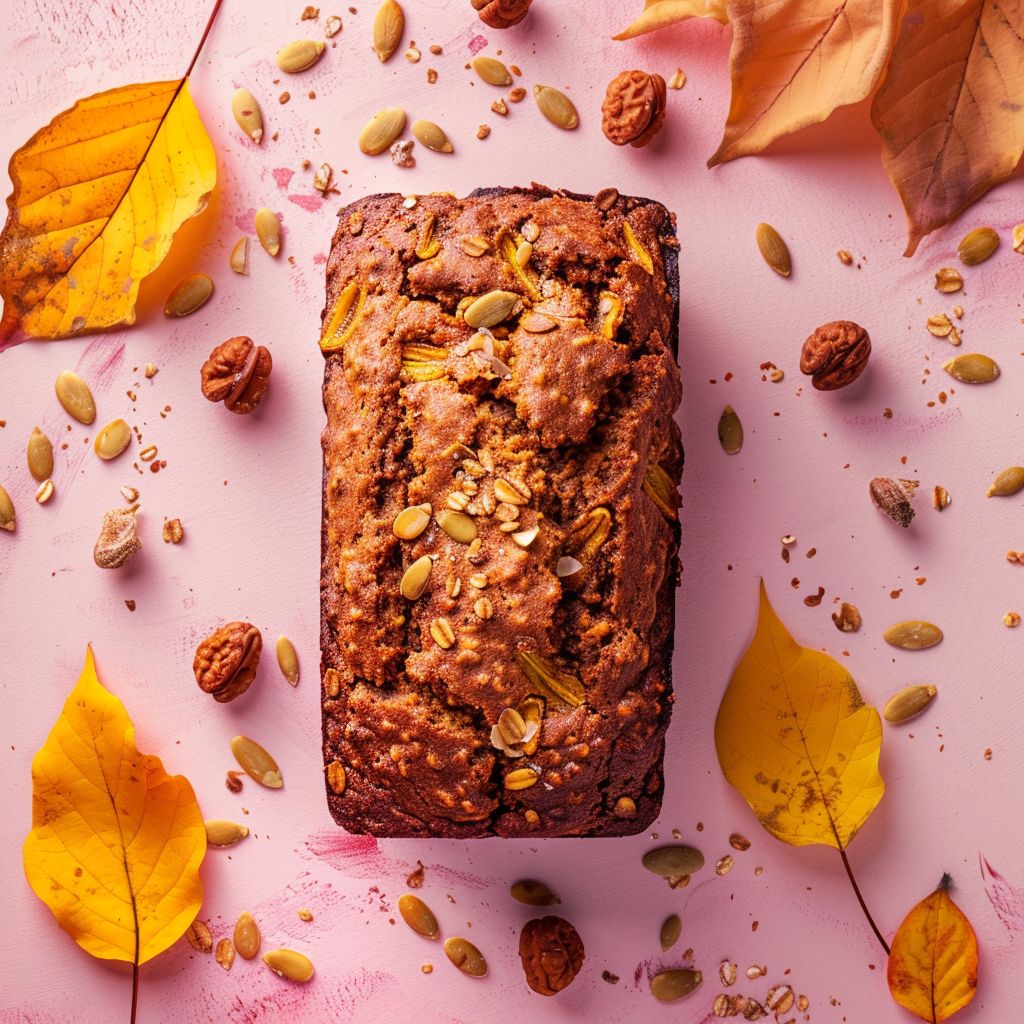 A top-down view of a slice of vegan pumpkin banana bread on a pale pink surface.