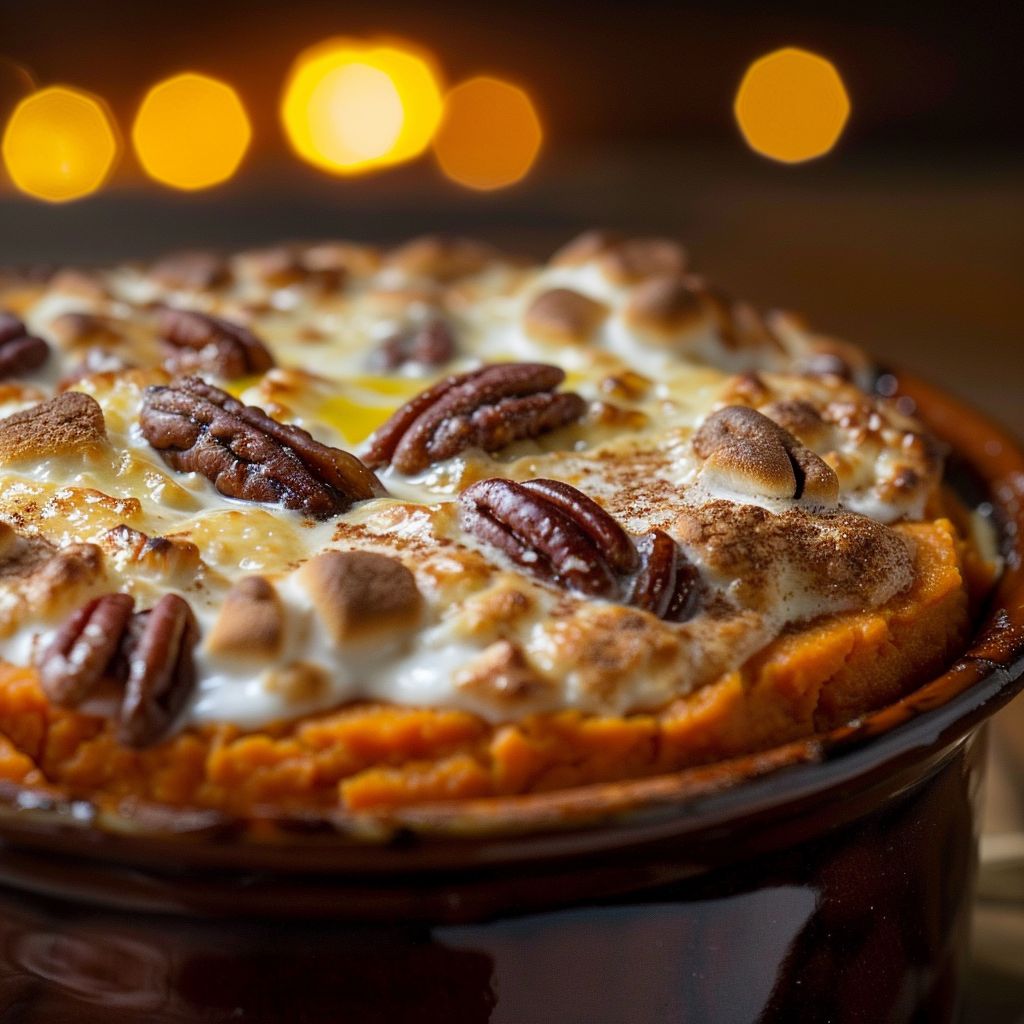 Close-up shot of a creamy sweet potato soufflé, topped with mini marshmallows and pecans.