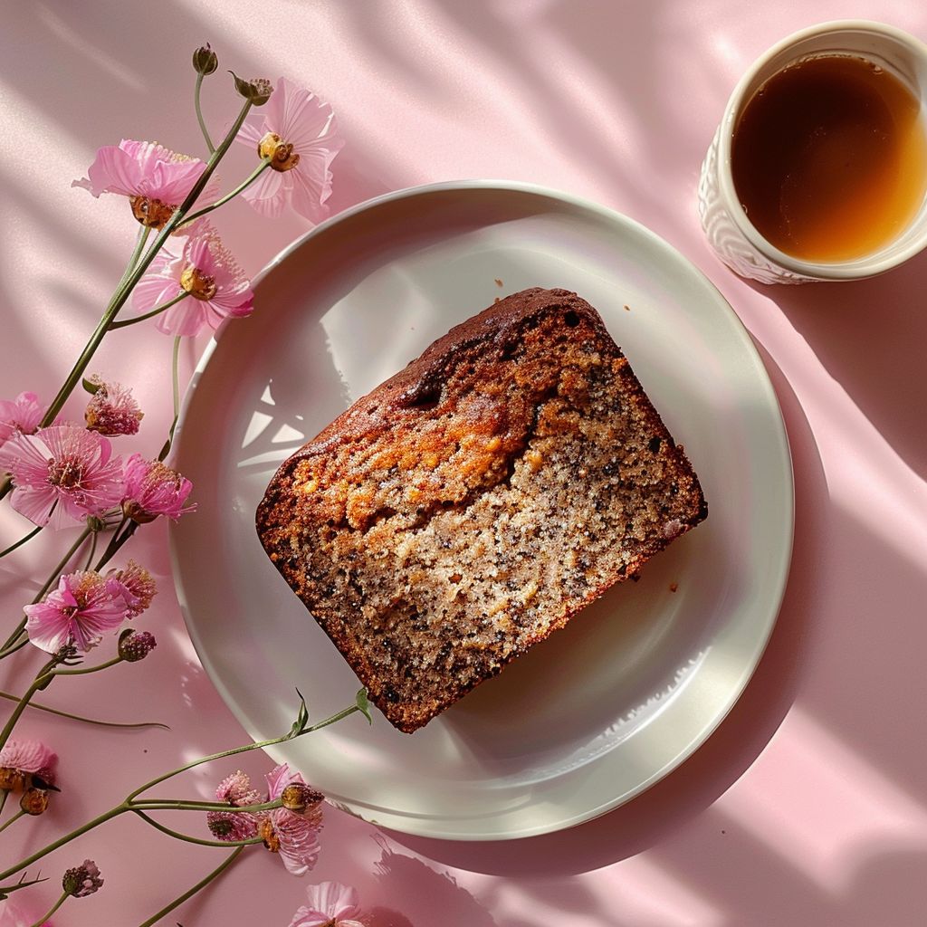 A beautifully styled portion of gluten-free banana bread on a pale pink surface, illuminated by natural light.